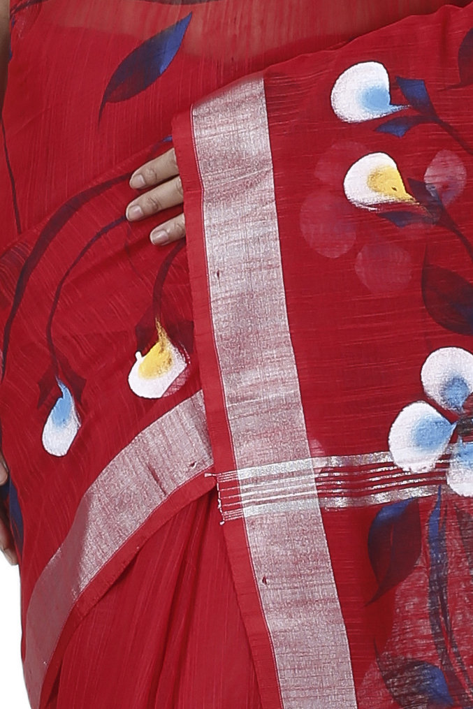 Red Blended Cotton Tonika Hand Painted Saree (1220)
